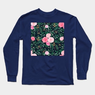 Elegant Blue Pink Rose Floral watercolor Painting Long Sleeve T-Shirt